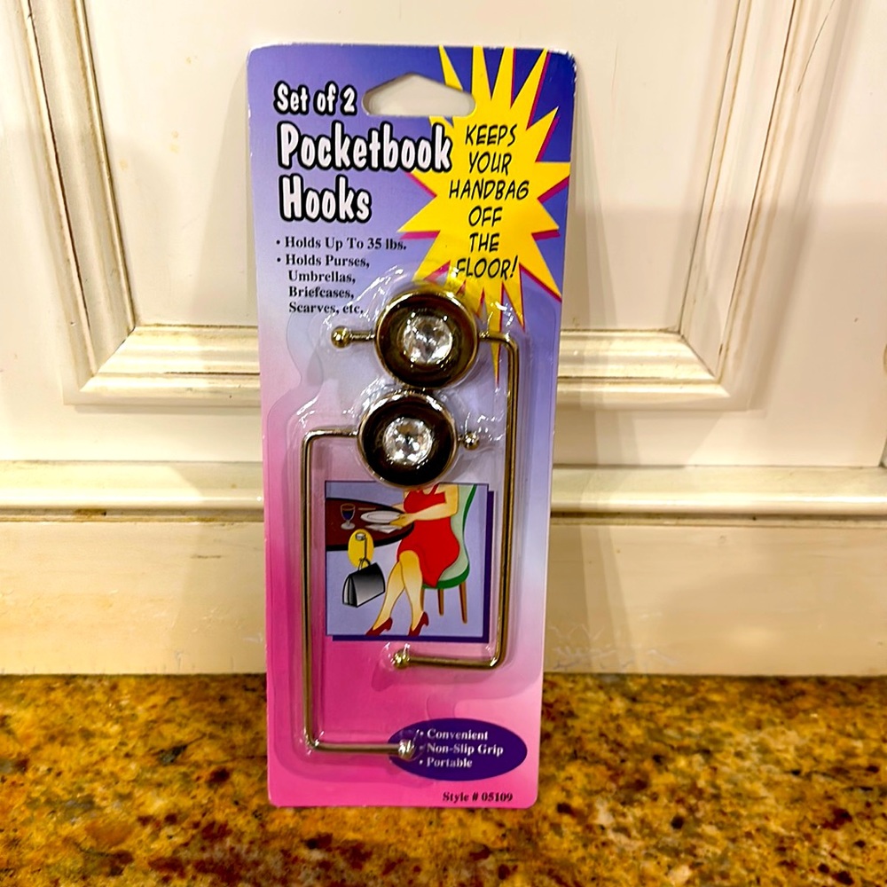 NEW SET OF 2 PORTABLE METAL WITH BLING POCKETBOOK HOOKS HOLDS UP TO 35 POUNDS